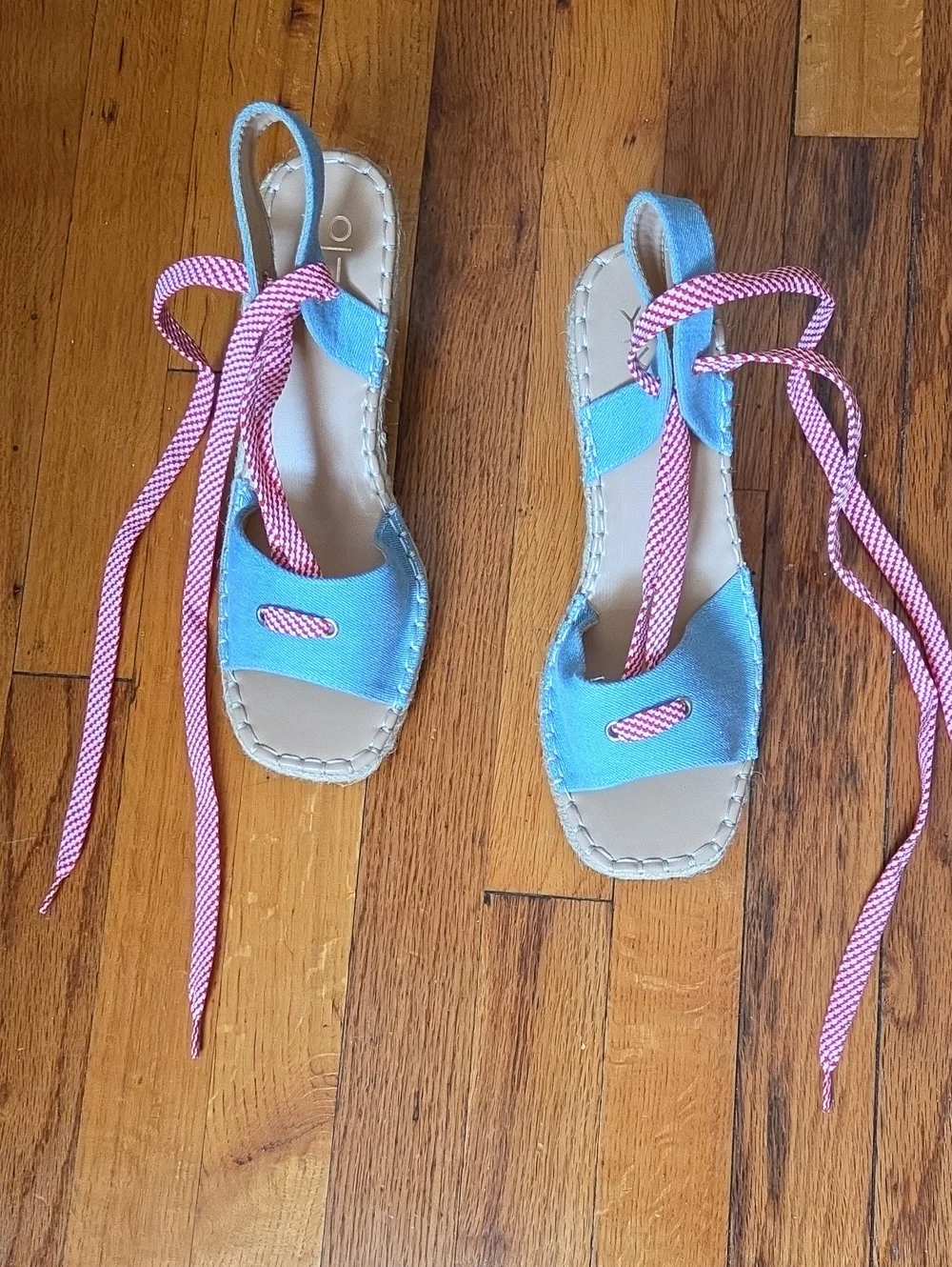 Yoki Blue Wedge Sandals with Pink Lace-Up Straps